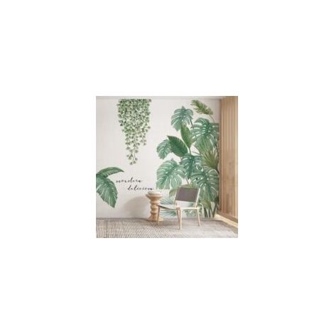 – Sticker mural tropical feuilles palmier 90x30cm – Lot de 2 autocollants PVC amovibles – Décoration intérieure pour salon et chambre-Crezuo