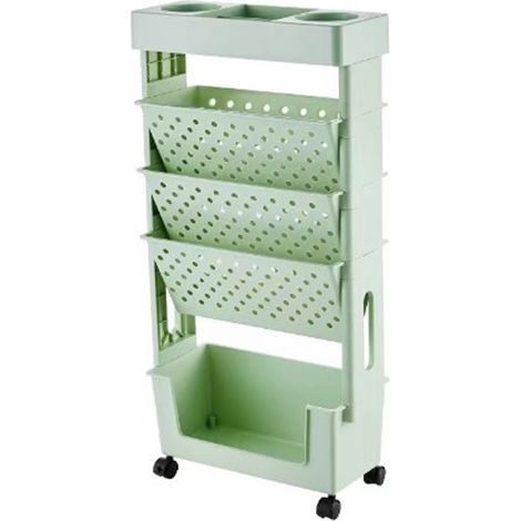 Étagère à livres tournante multiniveaux, plastique pratique, rangement roulant à roulettes, vert, démontable (1/5)