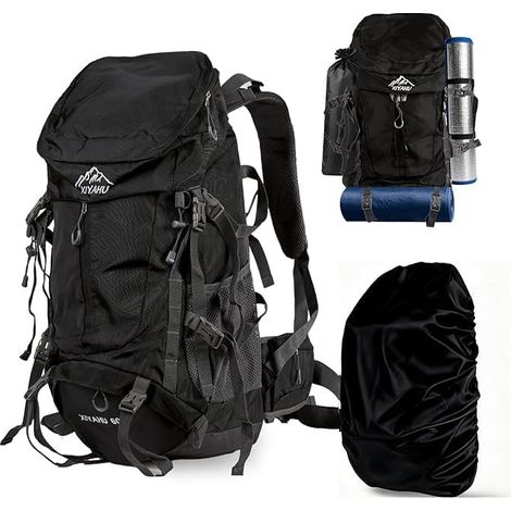 Youyijia Wanderrucksack 60L wasserdicht Leichter Trekkingrucksack mit Regenhülle, ergonomischem Tragesystem & Trinksystem-Anschluss, großes Schuhfach (Schwarz) (1/5)