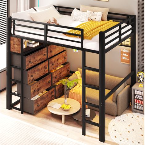 Etagenbett 140/200 cm nero in metallo e MDF con 8 cassetti, LED e molto spazio contenitivo (1/5)