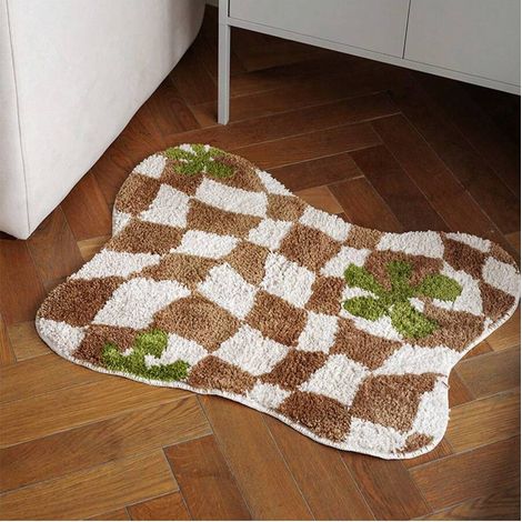 Tapis de bain antidérapant à damier, tapis moelleux en forme de papillon 55 x 70 cm(brun café) (1/5)