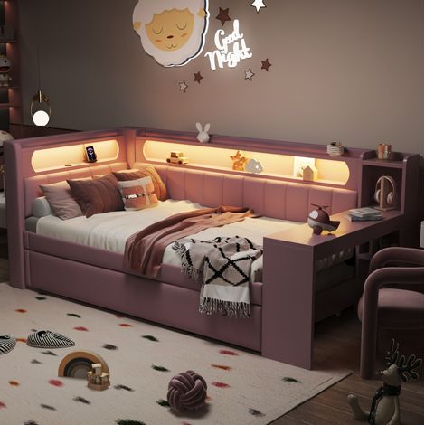 Letto bambini 90x200 cm con letto aggiuntivo 90x190 cm, porte USB, illuminazione LED, scrivania e rete a doghe, in MDF, senza materasso, rosa (1/5)
