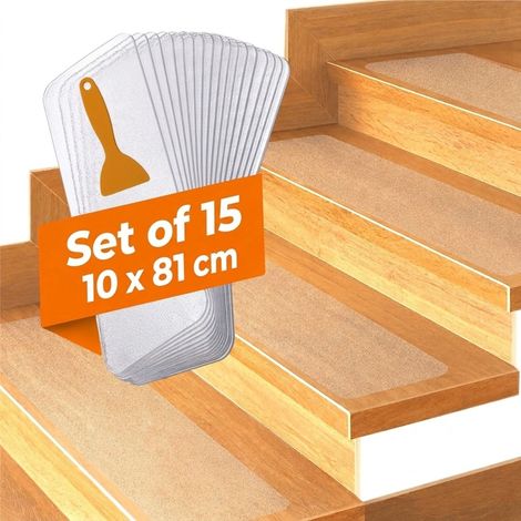 Relaxdays Stair Mats, Set of 15, Non-Slip Stair Mat, W x D: 81 x 10 cm, for Stairs, Self-Adhesive Stair Mat, Transparent (1/5)