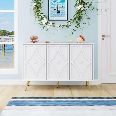 Buffet 120x40x80 cm avec 3 portes, motif 3D sculpté et pieds métal doré - Panneau aggloméré - Blanc (1/5)