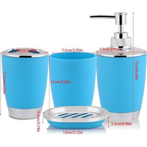 4pcs - set accessoires de costume de salle de bain comprend un distributeur de porte-savon de tasse de brosse à dents bleu