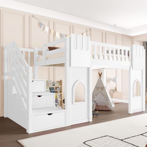 Hochbett Holz/MDF Weiß 90x200 cm mit Stauraumtreppe, Fenstern und Lattenrost (1/5)