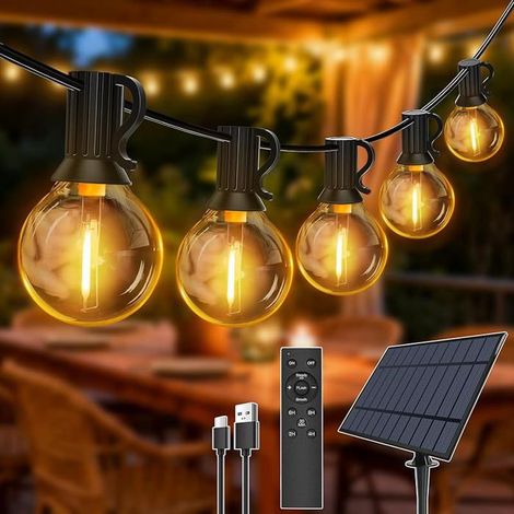 10 m guirlande lumineuse solaire, LED G40 étanche IP65/IP45, 17 ampoules, télécommande et minuterie, pour jardin terrasse extérieur
