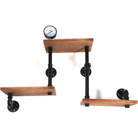 Industriestil Wandregal Hängeregal Metall+Holz, Holzfarbe Bücherregal Rohrregal Dekorregal Flaschenregal
