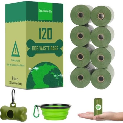 Lot de 120 Sac à Déjections Canines pour Dog Cat avec 1 Distributeur + 1 Bol Pliable pour Chien (Vert)-Ywey (1/5)