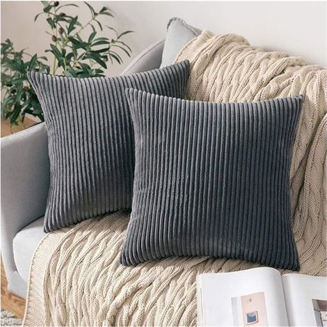Set mit 2 geradlinig gestreiften Kissenbezügen für die Dekoration des Sofas im Wohnzimmer oder Schlafzimmer, 45x45 cm (Dunkelgrau)