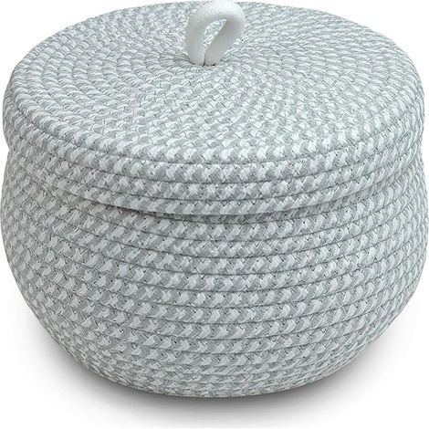 Cesto in corda di cotone con coperchio, 23 x 17 cm, contenitore intrecciato per soggiorno, piante, snack, asciugamani, filo, giocattoli (1/3)