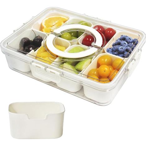 Plateau Service Divisé avec Couvercle et Poignée, Récipient Stockage Nourriture Portable, Plateaux Collation, Boîte à 8 Carrés Amovibles, Organisateur d'apéritif pour Fêtes,Légumes,Bonbons,Fruits,Noix (1/5)