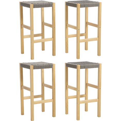 Wahson Wood Bar Stools 4Pcs, Rustic Kitchen Counter Stools Woven Rope Bar Chairs for Home Bar Pub Restaurant, Gray