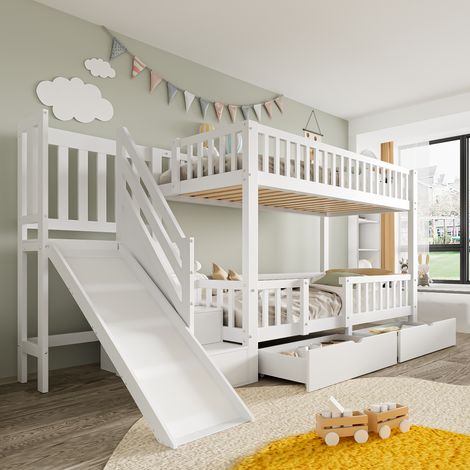 Lit superposé 2 places 90x200 cm avec toboggan et 2 tiroirs, lit enfant avec porte magnétique et escalier, en bois massif blanc, sans matelas