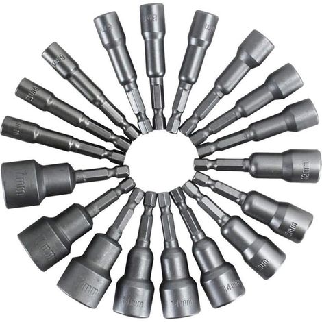 10 Pcs ,Hexagonale Douille Set 6-19mm, Jeu de Forets pour écrou Hexagonal Magnétique, Acier au Vanadium 1/4 Pouce pour Mandrin à Changement Rapide,Nut Driver Drill Bit Set, Socket Shank Tool (1/5)