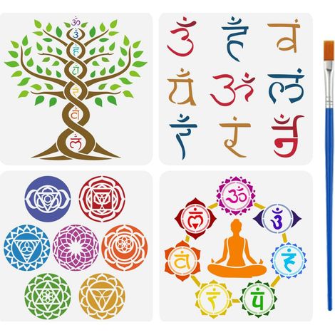 4Styles Pochoirs à Thèmes Religieux Avec Un Pinceau 30x30cm Pochoirs de Symboles de Chakra Pochoirs de Motifs de Yoga Pochoirs Arbre de Vie Modèle de Symboles pour Sol Mural Bois (1/5)