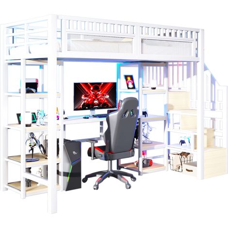 Lit mezzanine 90 x 200 cm avec bureau, rangements, LED et ports USB, cadre en métal et MDF, blanc, 250 kg, pour chambre ado - CHICFURN (1/5)