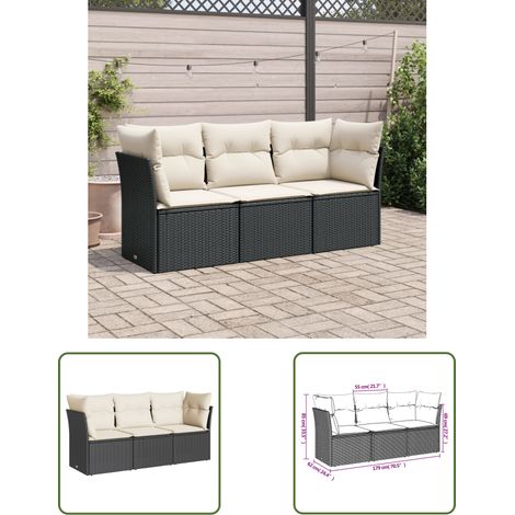 The Living Store Salon de jardin 3 pcs avec coussins noir résine tressée - Salon De Jardin - Mobilier De Jardin - Salon Extérieur - Ensemble De Canapés - Résine Tressée (1/3)