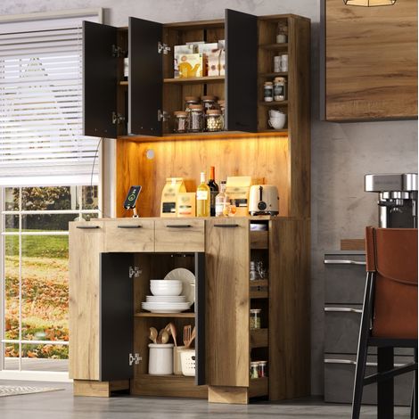 Credenza da cucina alta con illuminazione a LED, vani portaoggetti regolabili, MDF nero e naturale, 100x40x180 cm (1/5)