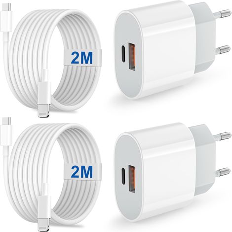 2 Pack Chargeur Rapide pour 14/13/12/11/Pro Max Plus Mini X XS XR SE 8 7 6S,iPad, Adaptateur Secteur USB-C 20 W, PD+QC Multiple Prise Secteur avec Câble Lightning USB C 2m (1/5)