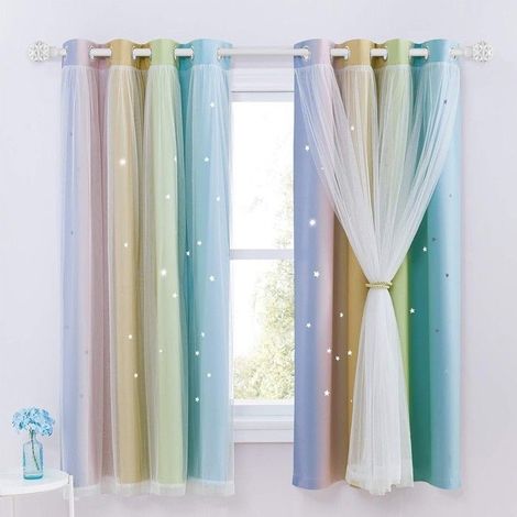 (Blaues Puder) Set mit 2 Verdunkelungsvorhängen – B 132 x H 160 cm – mit Ösen, dekorative Fenstervorhänge mit Sternen, fürs Schlafzimmer (1/4)