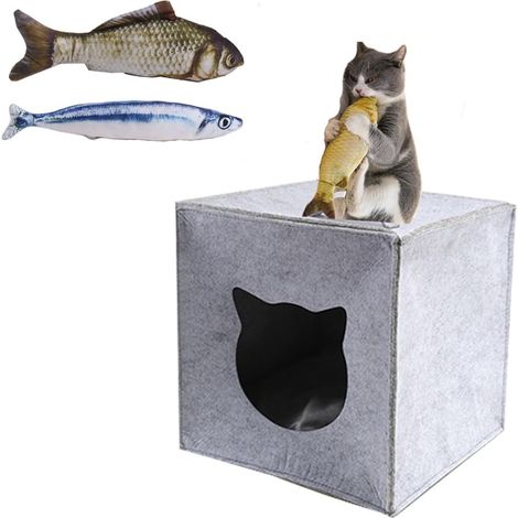 Chat Maison Caverne Chat Pliable - Caverne Chats pour étagères 33x37x33cm avec Cataire Chat Jouets Poisson en Peluche Interactive pour Chat Jouet pour Chat Chien Lit Panier Maison Interieur (1/5)