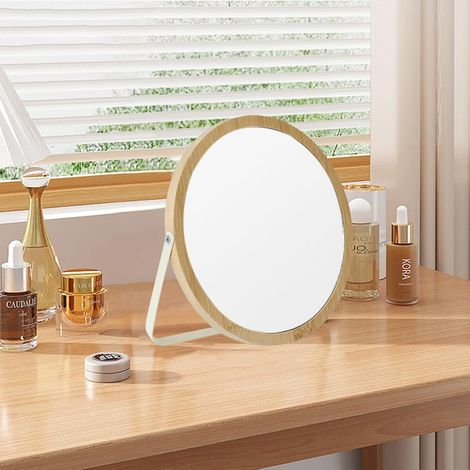 Miroir de courtoisie de bureau avec cadre en bois - Pliable, autoportant et suspendu au mur - Rond (1/5)