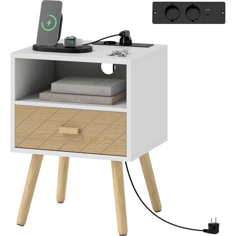 Table de chevet avec station de charge, tiroir, 2 prises secteur, port USB Type-C, compartiment ouvert, pieds en bois, blanche (1/5)