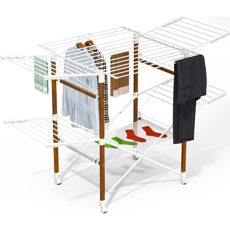 Étendoir à Linge Grande Capacité 173x94x123cm Séchoir à Linge Extensible Pliable avec roulettes et Maille Multifonction Imitation Bois pour Usage Intérieur et Extérieur Blanc (1/5)