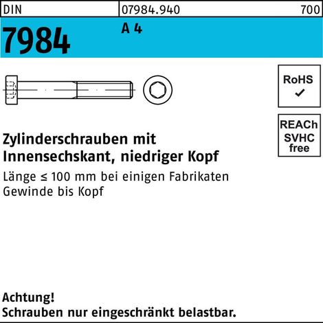 DIN 7984 Zylinderkopf-Schaftschraube M8x50 Edelstahl A4 blank Innensechskant 100 Stk (1/2)