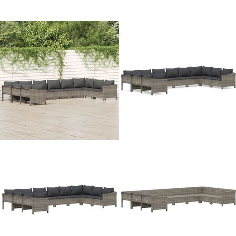 10-tlg. Garten-Lounge-Set mit Kissen Grau Poly Rattan - Gartenlounge - Rattan (1/5)