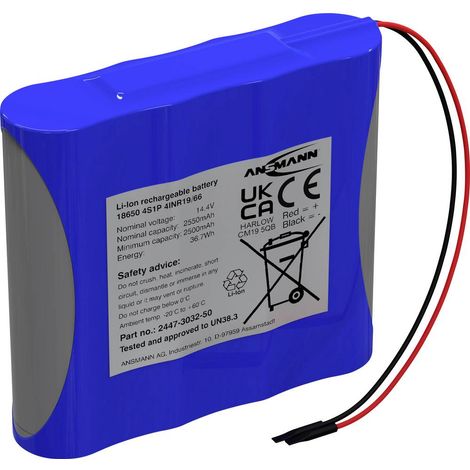 Ansmann 4S1P Pack de piles rechargeables 4x 18650 avec câble Li-Ion 14.4 V 2550 mAh