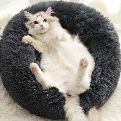 Couchage Panier Chien Chat Gris En Peluche Chien Chat Rond Hiver Sac Doux Animal de Compagnie Lit Apaisant 60x26cm (1/4)