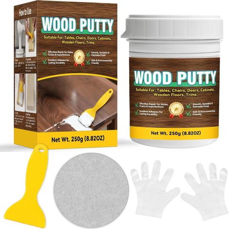 Pate a Bois Rebouchage, Mastic Bois Polyvalent pour Reparation Meubles et Sols, 250g Pate a Bois Blanche – Formule Rapide, Ponçable et Peignable pour Fissures, Trous et Imperfections (1/5)