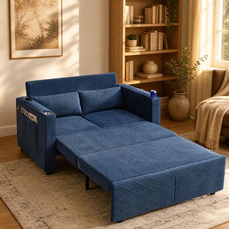 Canapé-lit 2 places 195x134x73 cm bleu marine, convertible 3-en-1 avec USB, tissu et bois MEUBLIV (1/5)