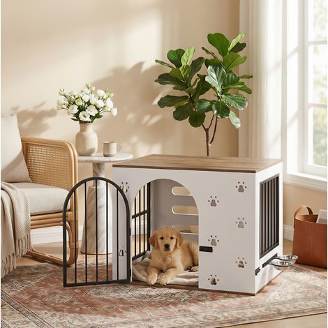 Gabbia per cani 2 in 1 con stazione di alimentazione e tavolino laterale, in MDF e metallo, 80×55×64 cm, bianca e rovere chiaro (1/5)