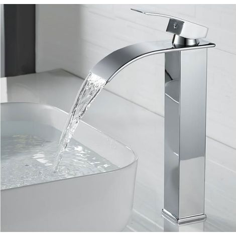 Moderne Robinet Salle de Bain Cascade Design Elégant Robinet Lavabo Robinetterie Chromé G 3/8 Mitigeur Lavabo