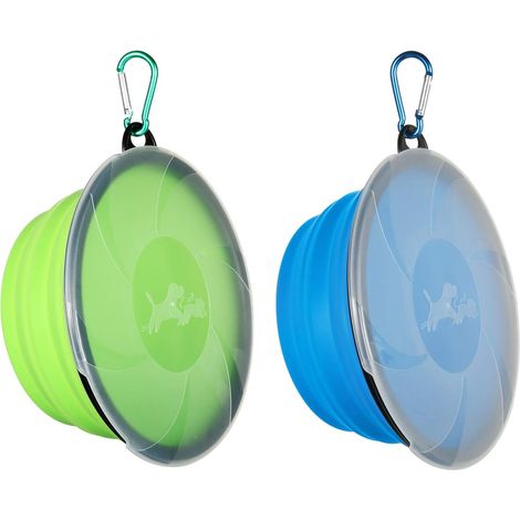Pack of 2 Dog Bowls, Foldable Travel Bowl, Leak-Proof Dog Bowl with Lid and Hook, Portable Silicone Drinking Bowl for Cats, Dogs, Hikes and Camping (1000 ml, Blue and Green) (1/5)
