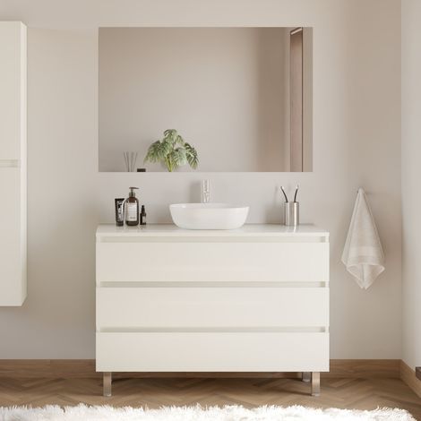 Meuble de salle de bain 120cm avec plateau et vasque à poser arrondie - 3 tiroirs - blanc brillant - MAYOR (1/5)