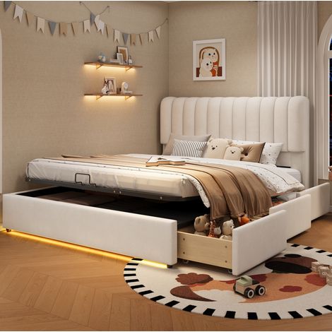 Letto imbottito 140/200 cm beige con contenitore idraulico, 3 cassetti e LED (1/5)