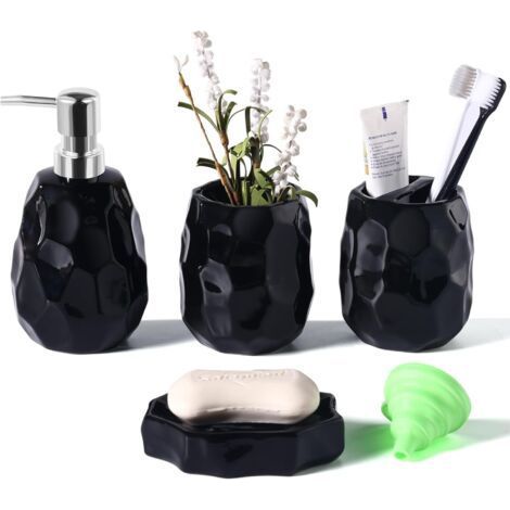 Badezimmer-Accessoires-Set, 4-teilig: Seifenspender, Seifenschale, Zahnbürstenhalter, Zahnbürstenbecher, Badezimmer-Organizer für moderne Badezimmer (Schwarz) (1/5)