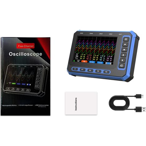 Osciloscopio digital inalámbrico de 5 canales, ancho de banda de 1 MHz, pantalla IPS de 4,3", batería integrada (negro). (1/5)