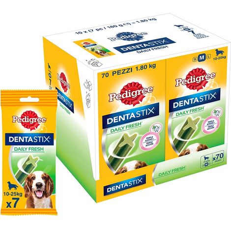 Pedigree Dentastix Fresh 70 Snack per la Igiene Orale (Cane Medio 10-25 kg) 180 g 7 Bastoncini - 10 Pacchetti (70 Bastoncini in totale) (1/5)
