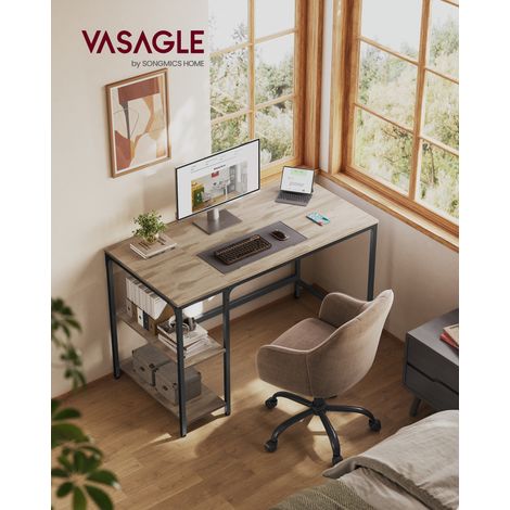Vasagle – Bureau droit 60 x 120 cm avec étagère réversible – Cadre en acier – Pieds réglables – Style industriel marron camel