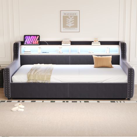 Letto contenitore 90x200 cm, con contenitore idraulico, LED e USB, rete a doghe, velluto grigio, senza materasso (1/5)