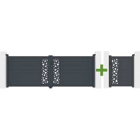 Portail battant 3,5m SUNNY H.120cm gris + Portillon aluminium gris 1m SUNNY H.120cm