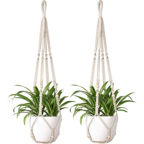Soporte para macetas de macramé (2 piezas), colgador de plantas de cuerda de algodón, decoración de jardín interior con 2 ganchos para colgar (1/5)