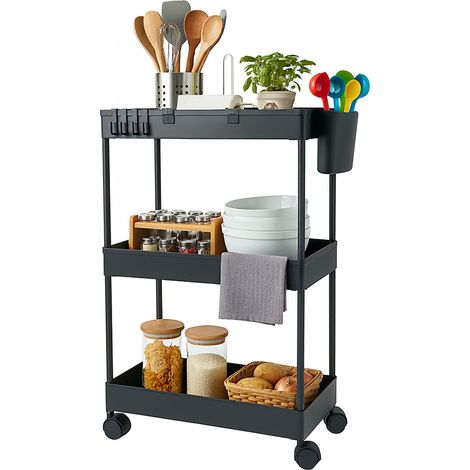 Relaxdays Rollwagen, 3 Etagen, Servierwagen, Küchenwagen Bad & Büro, Rollregal, HBT: 62,5x40x22 cm, Bastelwagen, schwarz