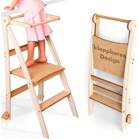 Torre de aprendizaje plegable Montessori de madera: Taburete escalón para niños con diseño de seguridad estable (Color Marfil) (1/5)