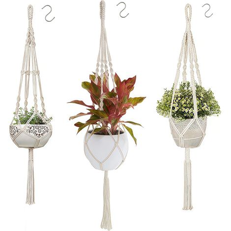 3PC Macramé Pot Suspendu, Support Pots Suspendu pour Fleur, Macramé Suspension Plante Macramé Corde de Coton Pot Suspendu Plante Porte Décoration du Jardin Intérieur avec 3Crochets Suspendu (1/5)
